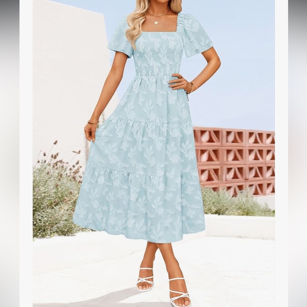 Elegant Blue Floral Dress with pockets